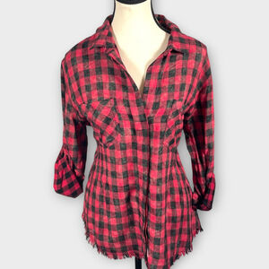 Cloth & Stone Button Up Shirt MEDIUM Plaid Roll Tab Sleeve Raw Hem